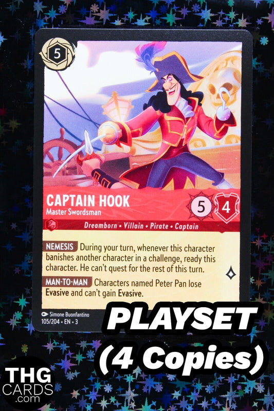 Captain Hook, Master Swordsman 105/204 Rare Lorcana Card EN3 PLAYSET